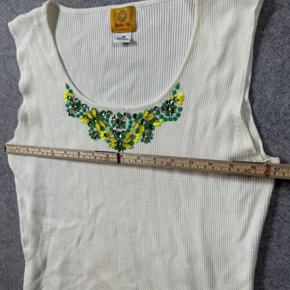 Ruby Rd Woman Beaded Neckline Tank Top 1X Ivory Ribbed Embellished Shell - Picture 5 of 8
